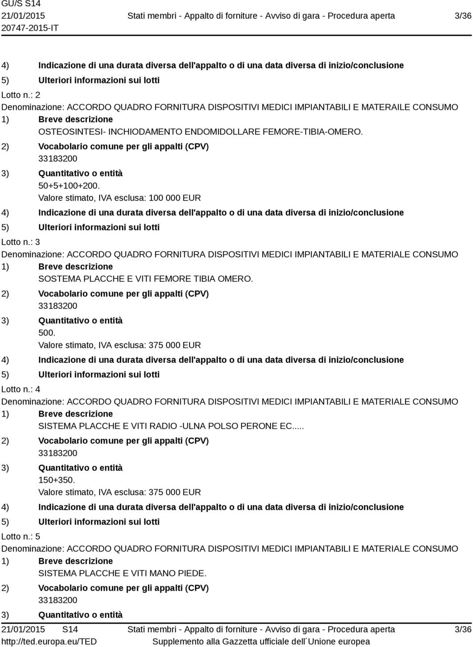 ENDOMIDOLLARE FEMORE-TIBIA-OMERO. 50+5+100+200. Valore stimato, IVA esclusa: 100 000 EUR Lotto n.