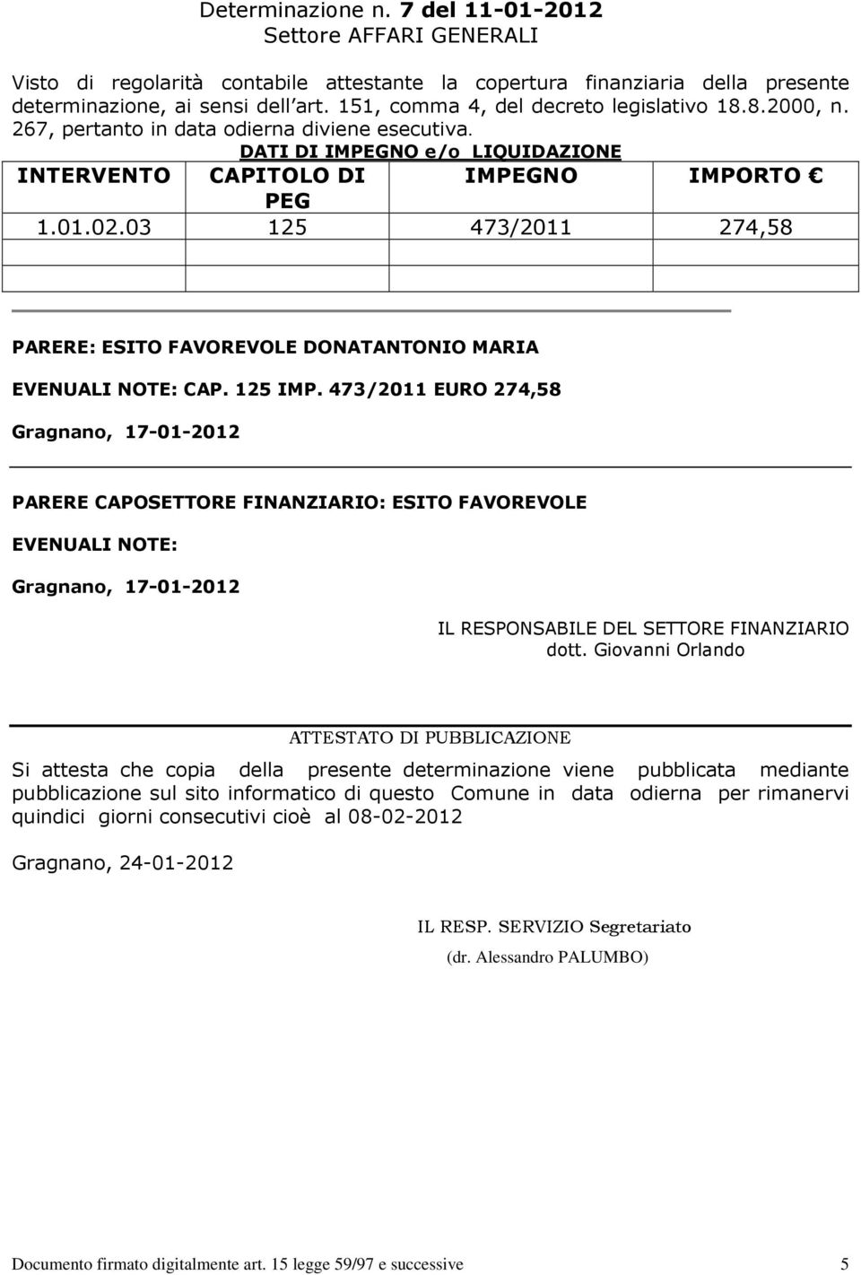 03 125 473/2011 274,58 PARERE: ESITO FAVOREVOLE DONATANTONIO MARIA EVENUALI NOTE: CAP. 125 IMP.