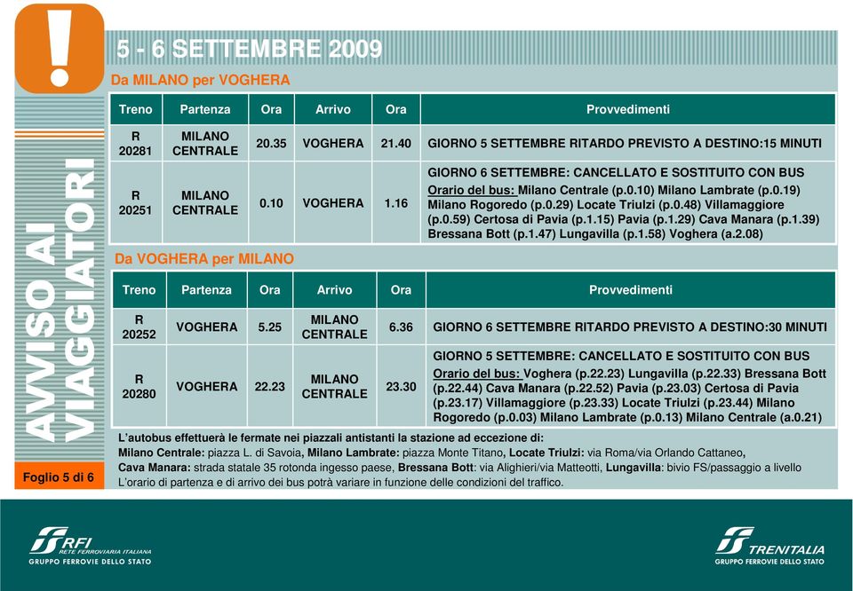 25 22.23 6.36 23.30 GIONO 6 SETTEMBE ITADO PEVISTO A DESTINO:30 MINUTI GIONO 5 SETTEMBE: CANCELLATO E SOSTITUITO CON BUS rio del bus: Voghera (p.22.23) Lungavilla (p.22.33) Bressana Bott (p.22.44) Cava Manara (p.