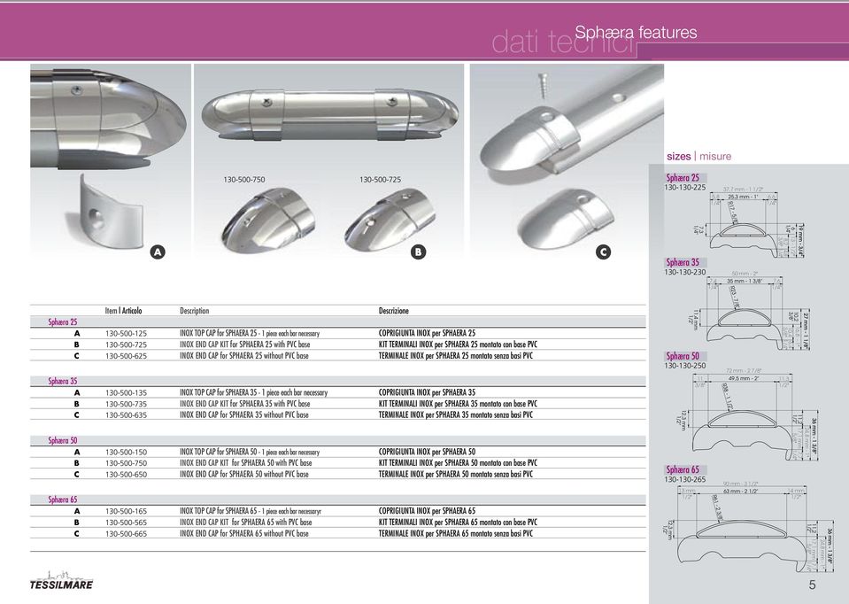 INOX END CAP KIT for SPHAERA 25 with PVC base KIT TERMINALI INOX per SPHAERA 25 montato con base PVC C 130-500-625 INOX END CAP for SPHAERA 25 without PVC base TERMINALE INOX per SPHAERA 25 montato