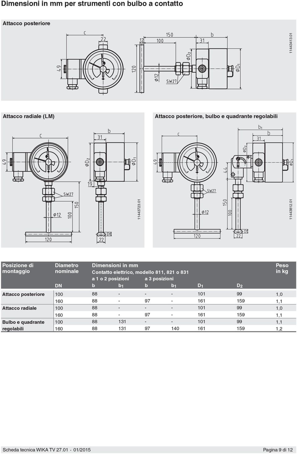 01 Posizione di montaggio Diametro nominale Dimensioni in mm Contatto elettrico, modello 811, 821 o 831 a 1 o 2 posizioni a 3 posizioni DN b b 1 b b 1 D
