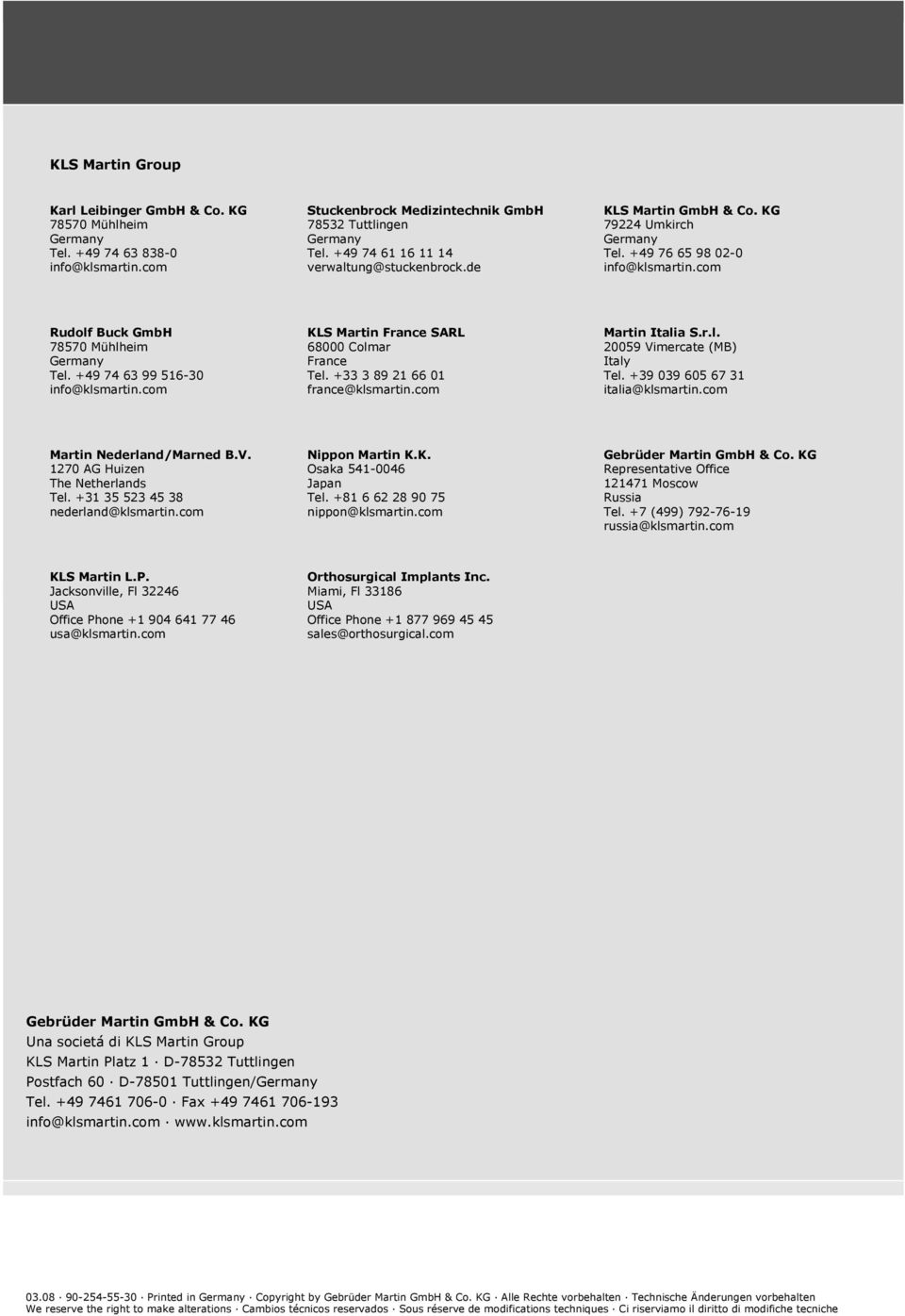 +49 74 63 99 516-30 info@klsmartin.com KLS Martin France SARL 68000 Colmar France Tel. +33 3 89 21 66 01 france@klsmartin.com Martin Italia S.r.l. 20059 Vimercate (MB) Italy Tel.