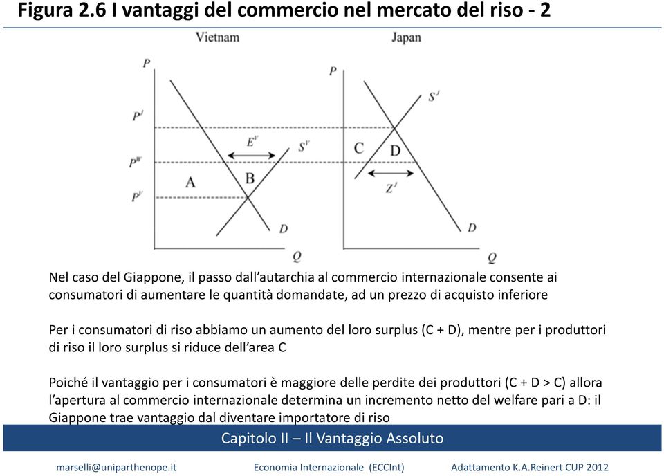 aumentare le quantità domandate, ad un prezzo di acquisto inferiore Per i consumatori di riso abbiamo un aumento del loro surplus (C + D), mentre per i