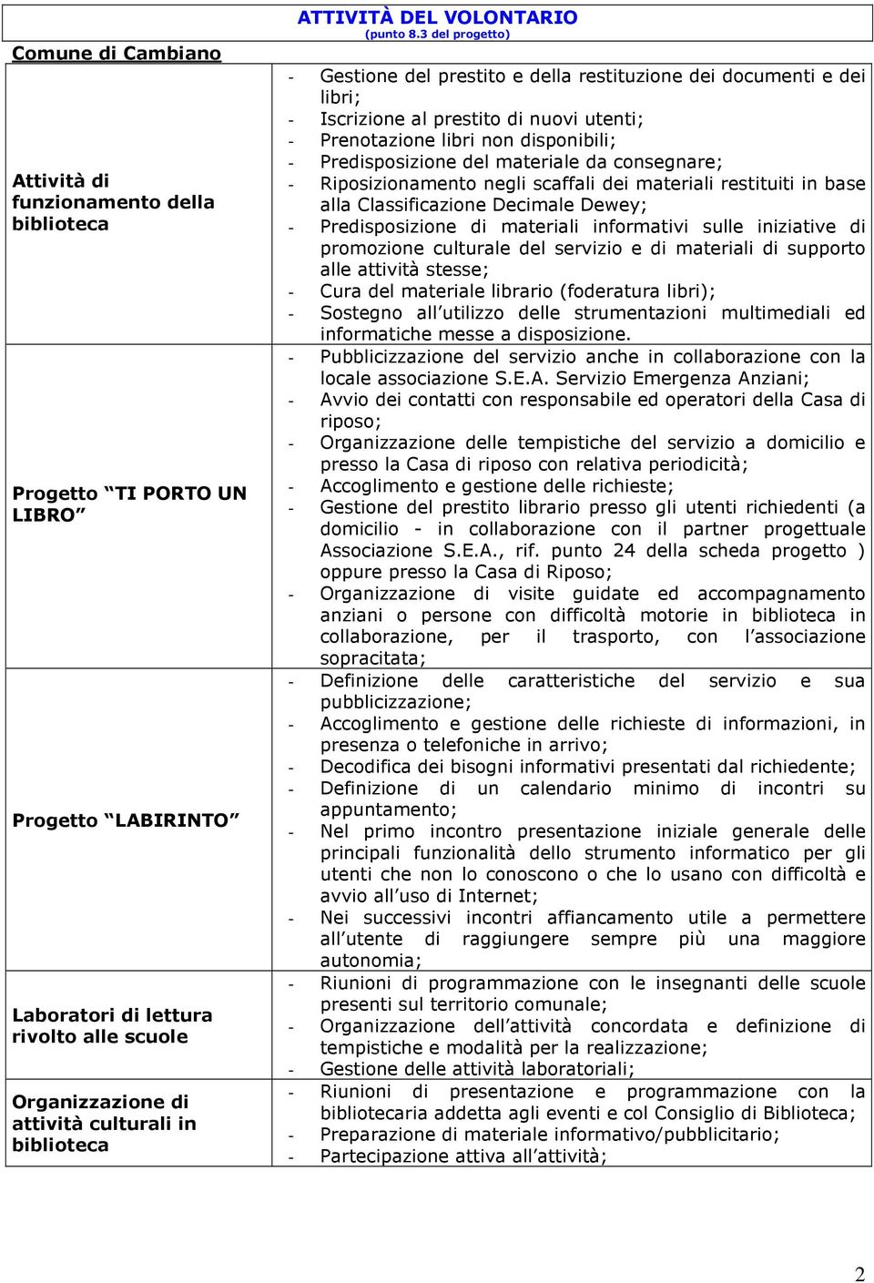 3 del progetto) Gestione del prestito e della restituzione dei documenti e dei libri; Iscrizione al prestito di nuovi utenti; Prenotazione libri non disponibili; Predisposizione del materiale da