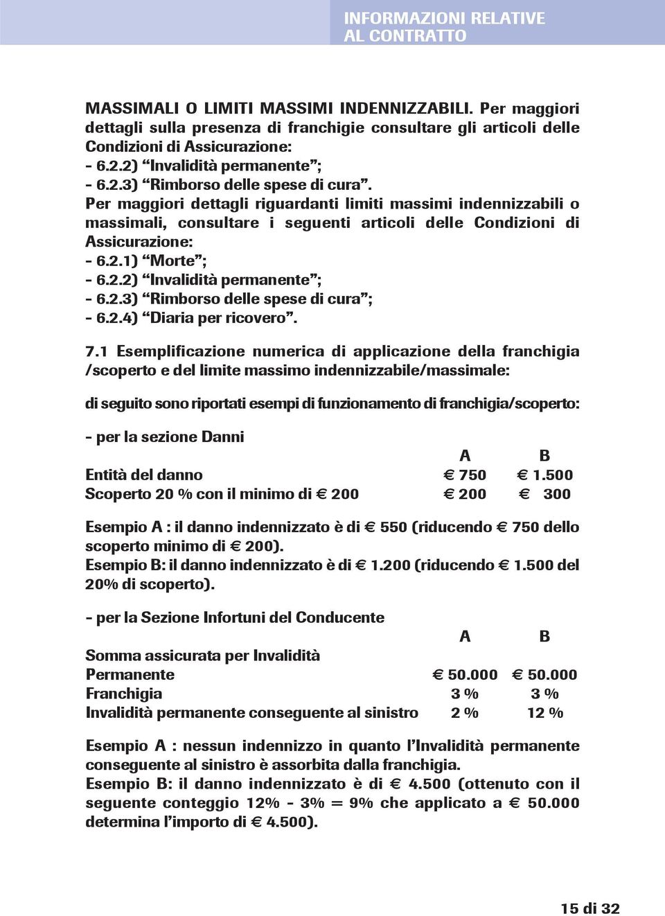 Per maggiori dettagli riguardanti limiti massimi indennizzabili o massimali, consultare i seguenti articoli delle condizioni di Assicurazione: - 6.2.1) Morte ; - 6.2.2) Invalidità permanente ; - 6.2.3) Rimborso delle spese di cura ; - 6.