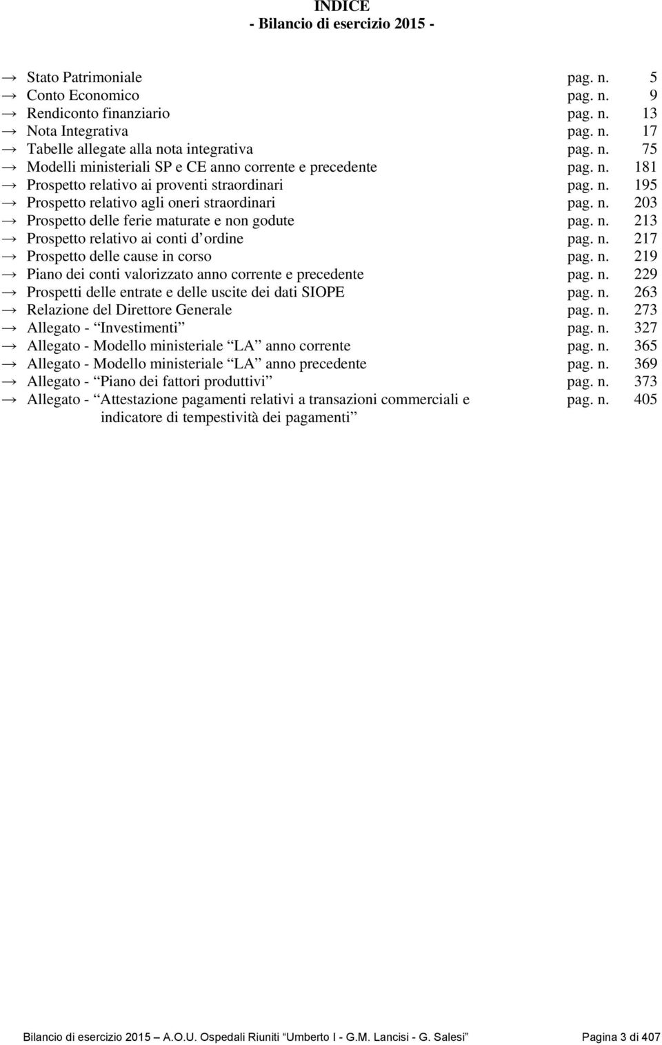 n. 213 Prospetto relativo ai conti d ordine pag. n. 217 Prospetto delle cause in corso pag. n. 219 Piano dei conti valorizzato anno corrente e precedente pag. n. 229 Prospetti delle entrate e delle uscite dei dati SIOPE pag.