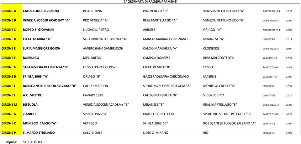 00 GIRONE D CITTA' DI MIRA "A" STRA RIVIERA DEL BRENTA "A" MARCHI MARANO VENEZIANO MIRANESE "A" LUNEDI' 7-3 17.