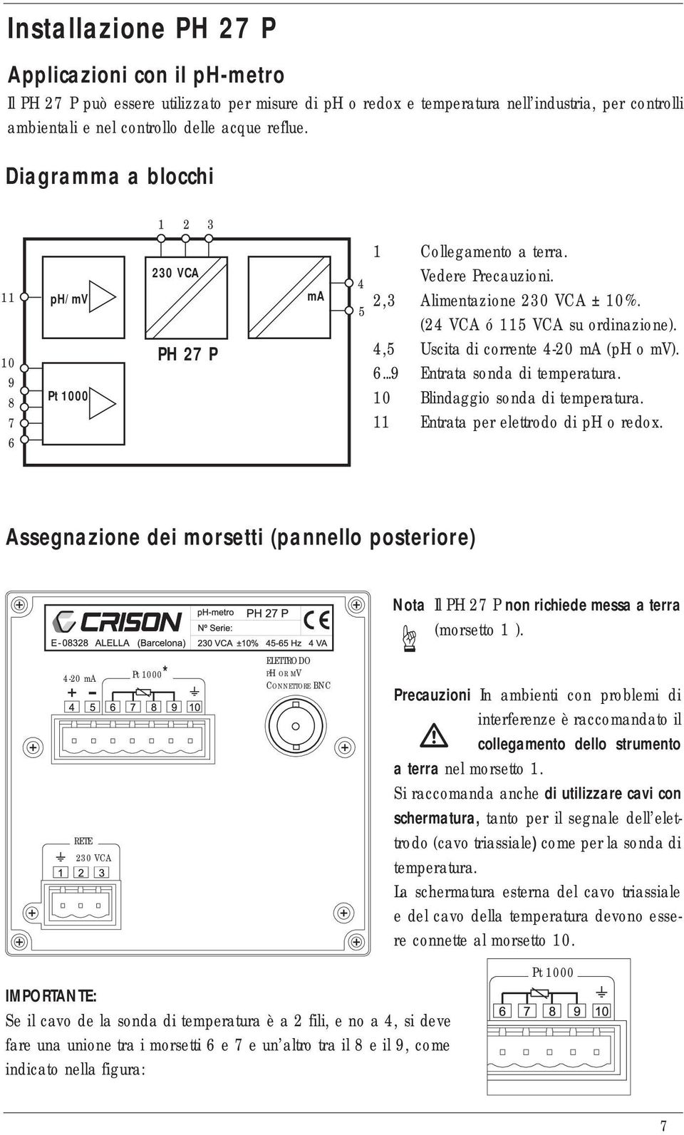 4,5 Uscita di corrente 4-20 ma (ph o mv). 6...9 Entrata sonda di temperatura. 10 Blindaggio sonda di temperatura. 11 Entrata per elettrodo di ph o redox.