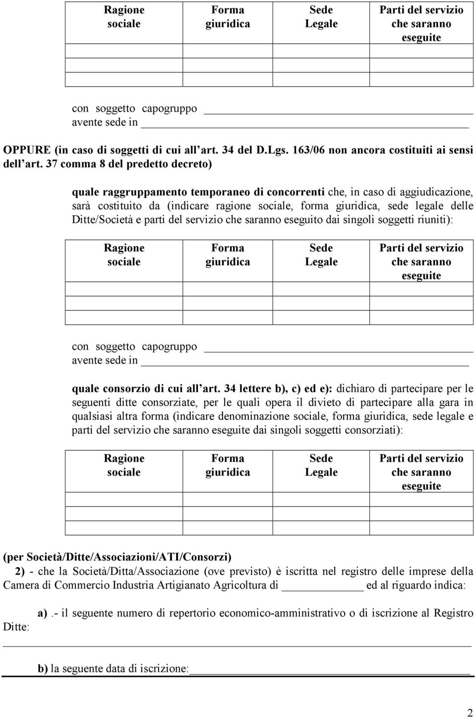 37 comma 8 del predetto decreto) quale raggruppamento temporaneo di concorrenti che, in caso di aggiudicazione, sarà costituito da (indicare ragione sociale, forma giuridica, sede legale delle