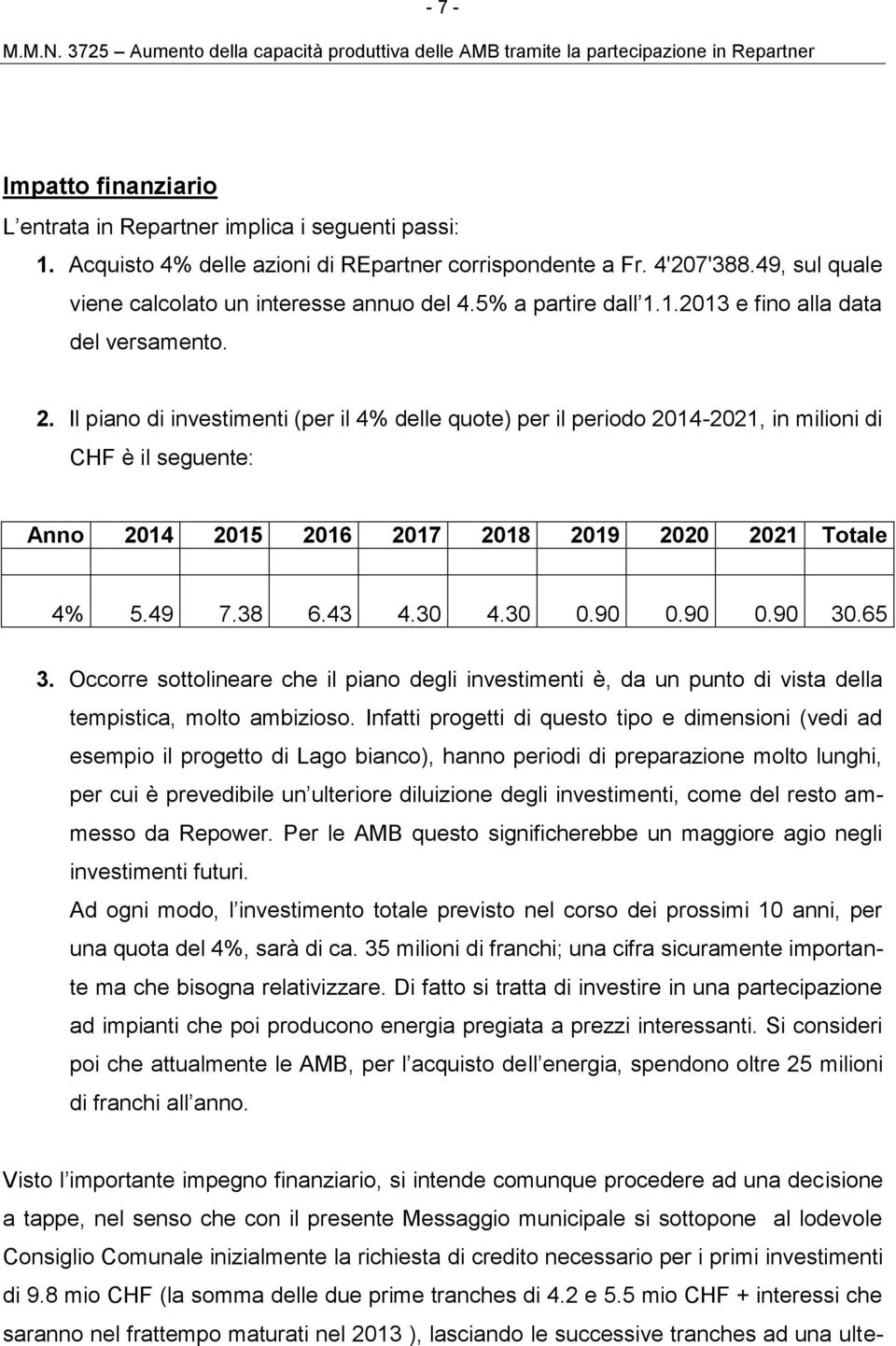 Il piano di investimenti (per il 4% delle quote) per il periodo 2014-2021, in milioni di CHF è il seguente: Anno 2014 2015 2016 2017 2018 2019 2020 2021 Totale 4% 5.49 7.38 6.43 4.30 4.30 0.90 0.