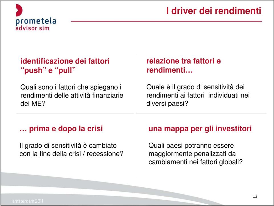 relazione tra fattori e rendimenti Quale è il grado di sensitività dei rendimenti ai fattori individuati nei diversi