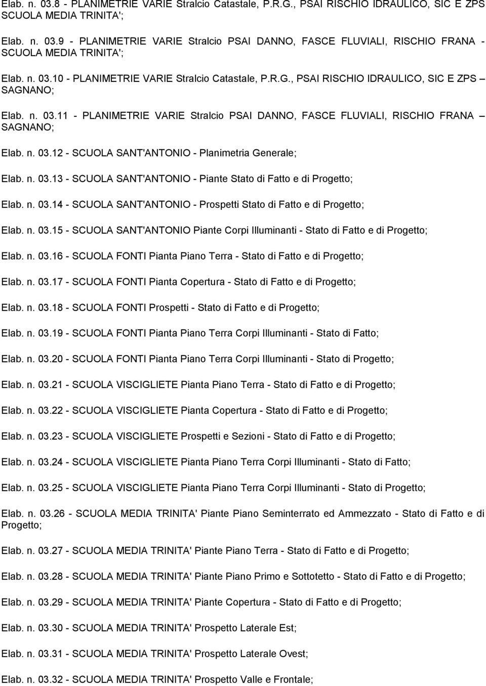 n. 03.12 - SCUOLA SANT'ANTONIO - Planimetria Generale; Elab. n. 03.13 - SCUOLA SANT'ANTONIO - Piante Stato di Fatto e di Progetto; Elab. n. 03.14 - SCUOLA SANT'ANTONIO - Prospetti Stato di Fatto e di Progetto; Elab.