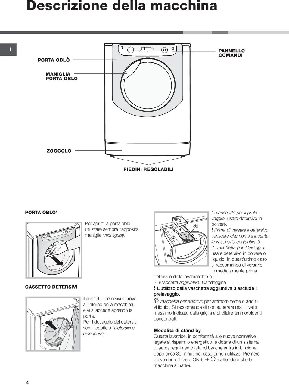 vaschetta per il prelavaggio: usare detersivo in 3 polvere. 1! Prima di versare il detersivo 2 verificare che non sia inserita la vaschetta aggiuntiva 3. 2. vaschetta per il lavaggio: usare detersivo in polvere o liquido.