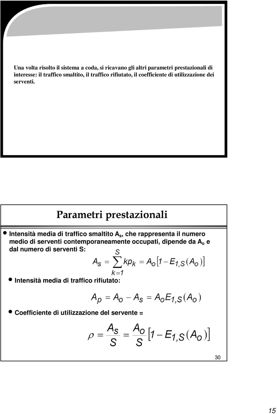 29 Parametri prestazionali Intensità media di traffico smaltito A s, che rappresenta il numero medio di serventi