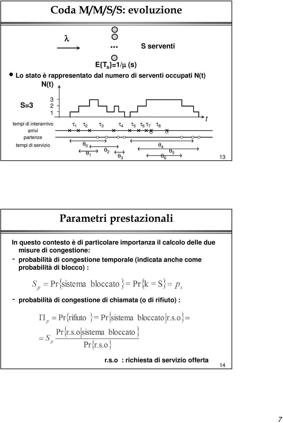 6 t 13 Parametri prestazionali In questo contesto è di particolare importanza il calcolo delle due misure di congestione: - probabilità di