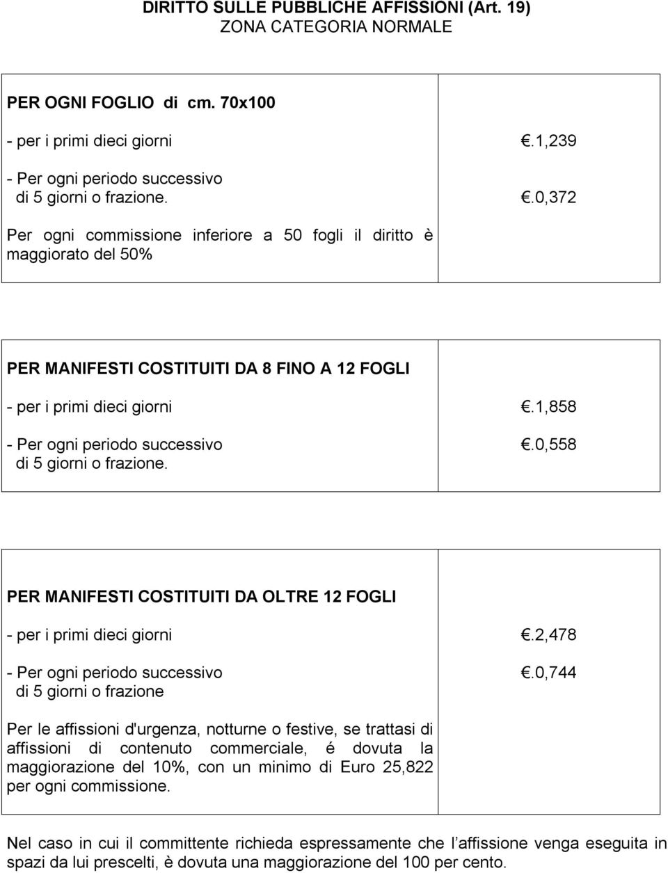 frazione..1,858.0,558 PER MANIFESTI COSTITUITI DA OLTRE 12 FOGLI - per i primi dieci giorni - Per ogni periodo successivo di 5 giorni o frazione.2,478.