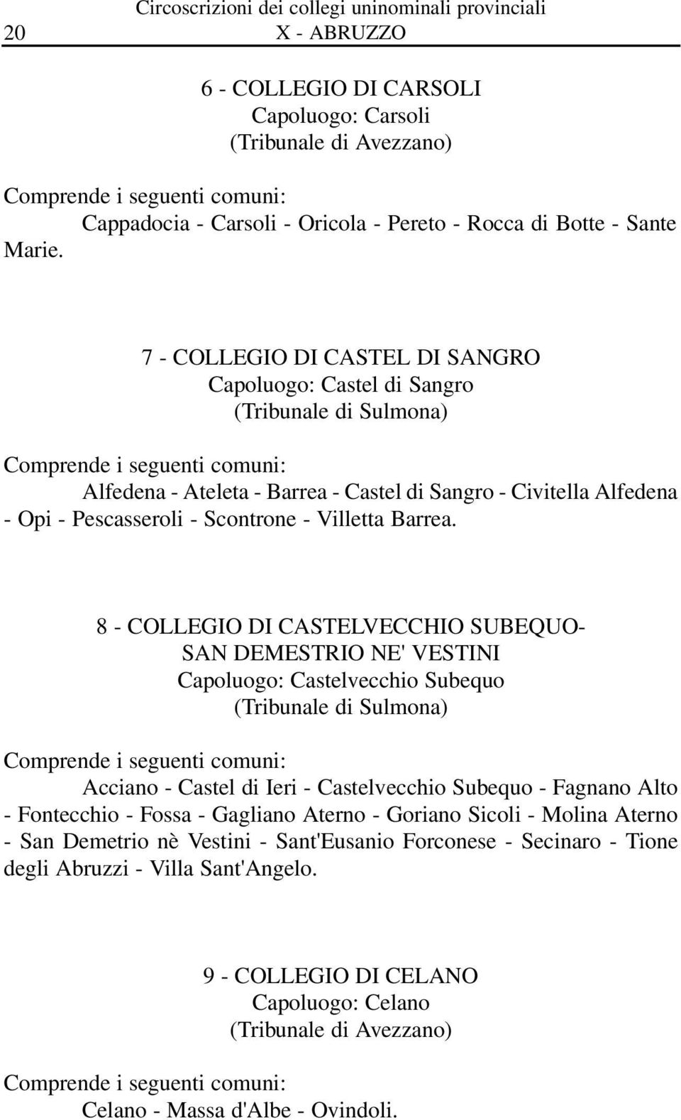 7 - COLLEGIO DI CASTEL DI SANGRO Capoluogo: Castel di Sangro (Tribunale di Sulmona) Alfedena - Ateleta - Barrea - Castel di Sangro - Civitella Alfedena - Opi - Pescasseroli - Scontrone - Villetta