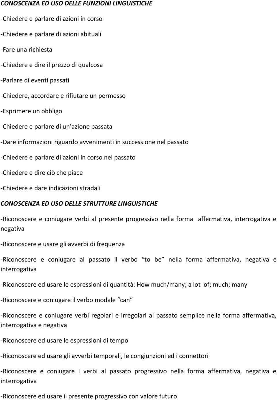 e parlare di azioni in corso nel passato -Chiedere e dire ciò che piace -Chiedere e dare indicazioni stradali CONOSCENZA ED USO DELLE STRUTTURE LINGUISTICHE -Riconoscere e coniugare verbi al presente