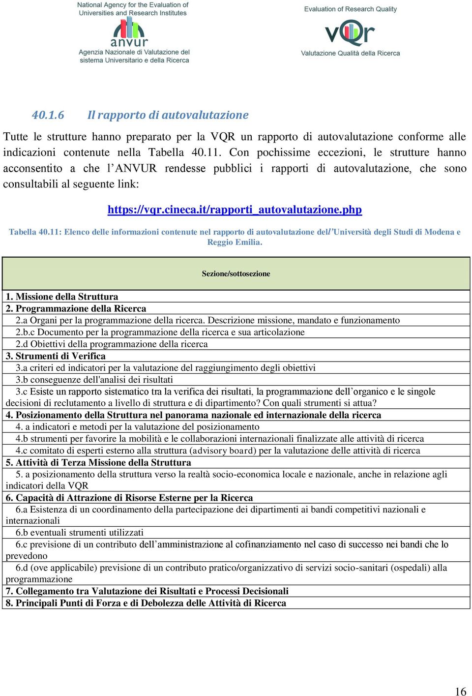 it/rapporti_autovalutazione.php Tabella 40.11: Elenco delle informazioni contenute nel rapporto di autovalutazione dell Università degli Studi di Modena e Reggio Emilia. Sezione/sottosezione 1.