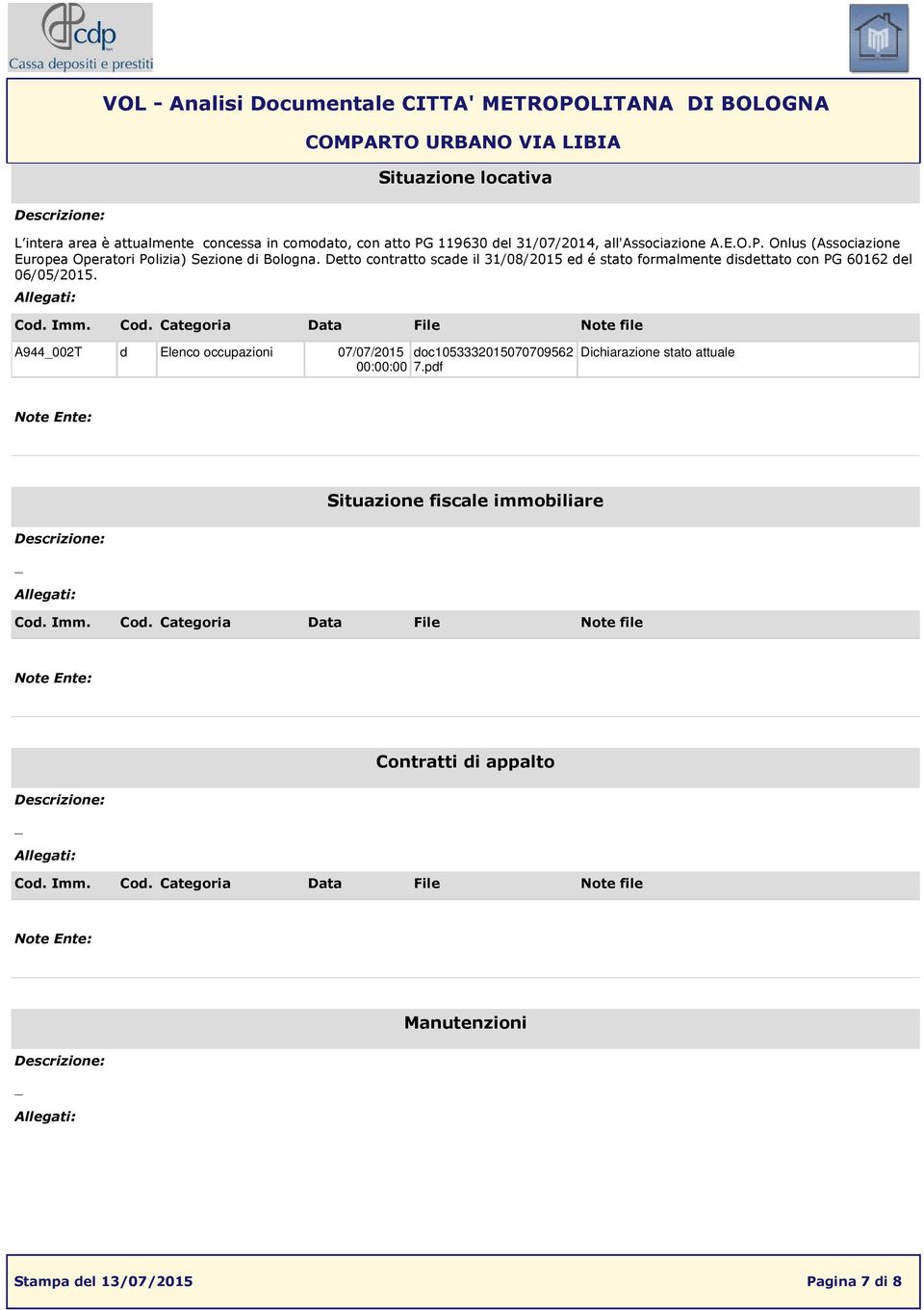 Detto contratto scade il 31/08/2015 ed é stato formalmente disdettato con PG 60162 del 06/05/2015.