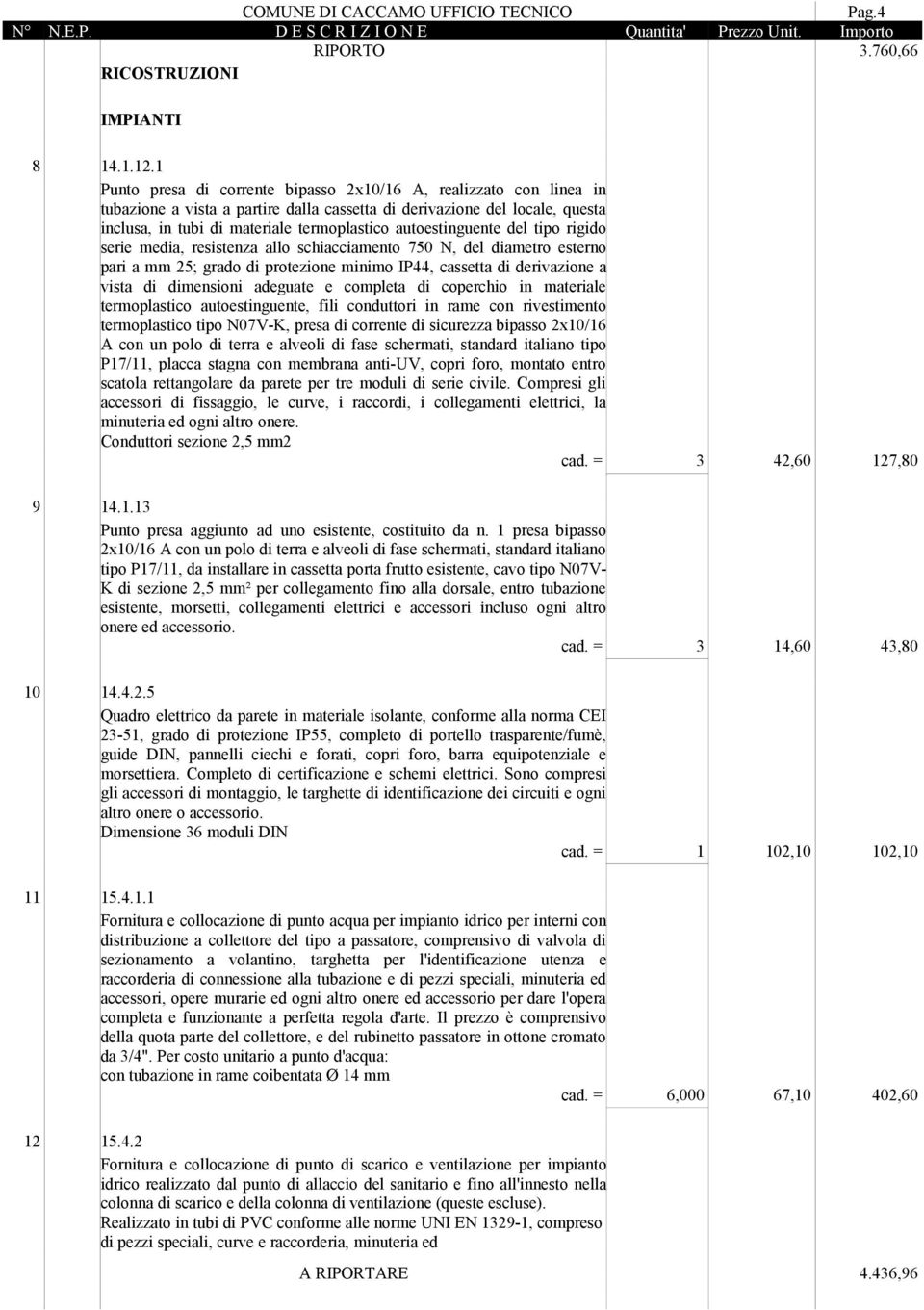 autoestinguente del tipo rigido serie media, resistenza allo schiacciamento 750 N, del diametro esterno pari a mm 25; grado di protezione minimo IP44, cassetta di derivazione a vista di dimensioni