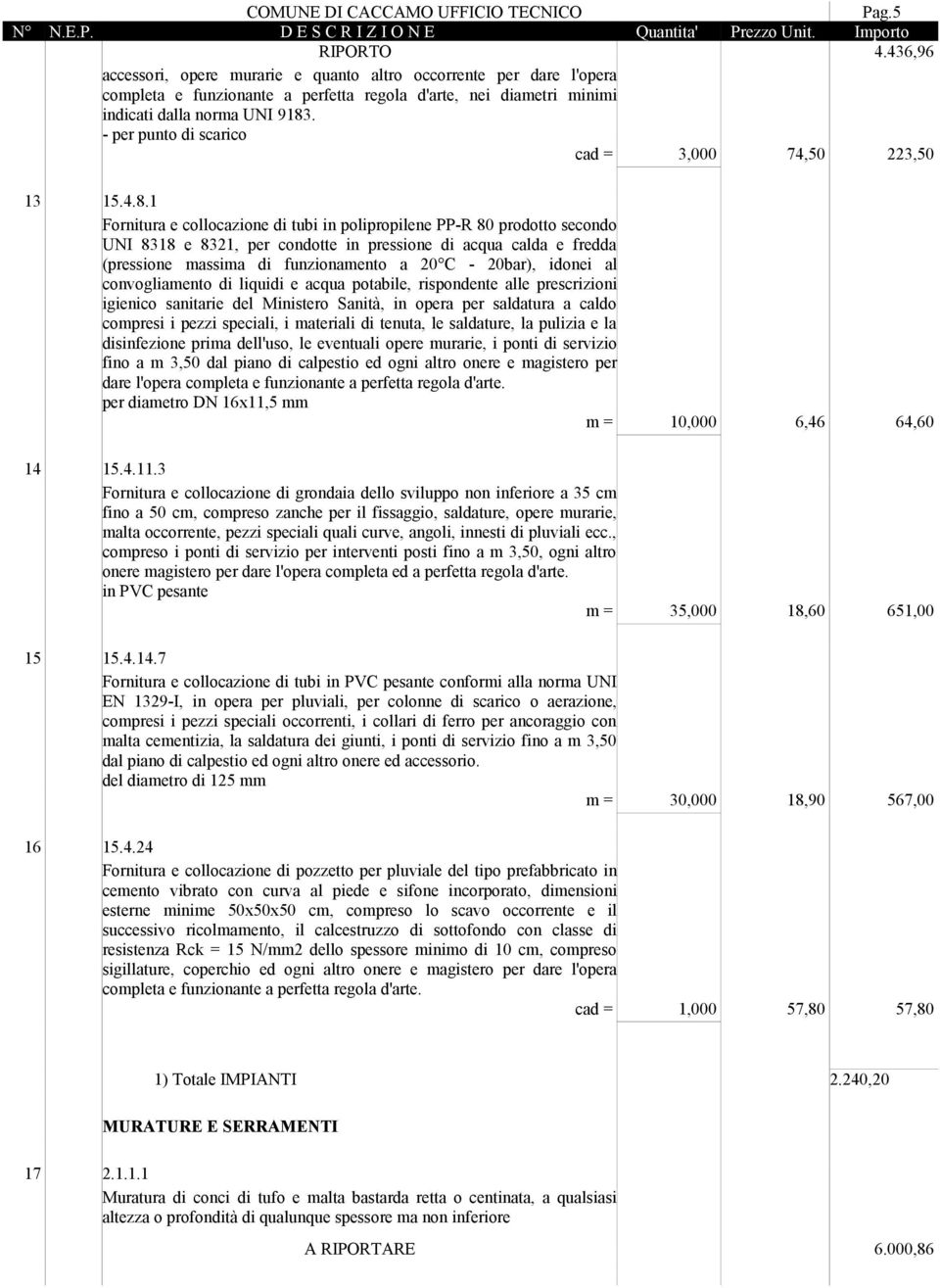 1 Fornitura e collocazione di tubi in polipropilene PP-R 80 prodotto secondo UNI 8318 e 8321, per condotte in pressione di acqua calda e fredda (pressione massima di funzionamento a 20 C - 20bar),