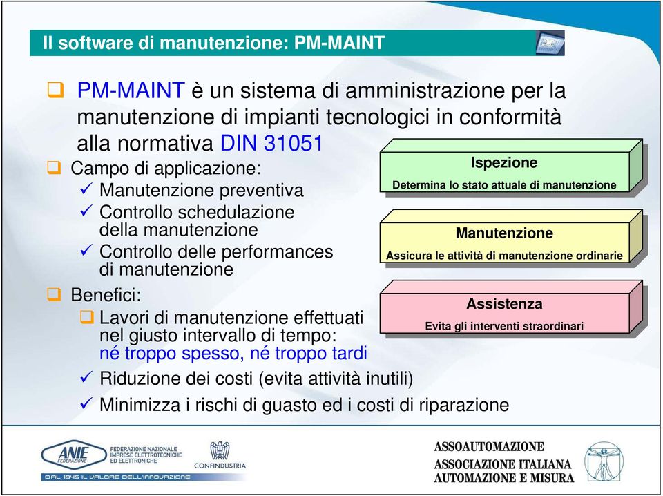 manutenzione effettuati nel giusto intervallo di tempo: né troppo spesso, né troppo tardi Riduzione dei costi (evita attività inutili) Determina lo stato