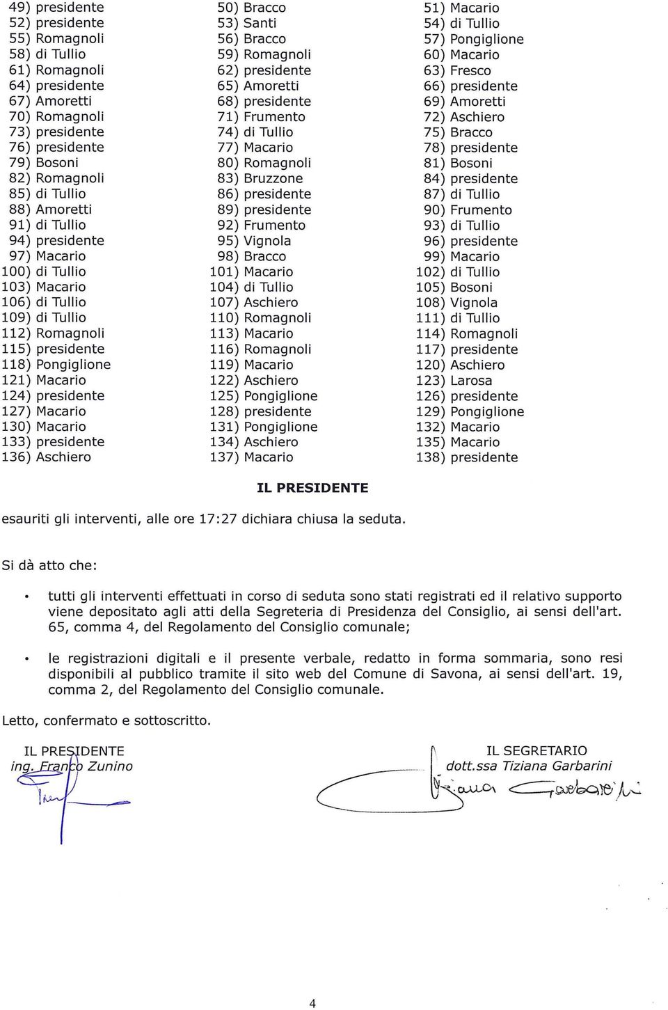 133) presidente 136) Aschiero 50) Bracco 53) Santi 56) Bracco 59) Romagnoli 62) presidente 65) Amoretti 68) presidente 71) Frumento 74) di Tullio 77) Macario 80) Romagnoli 83) Bruzzone 86) presidente