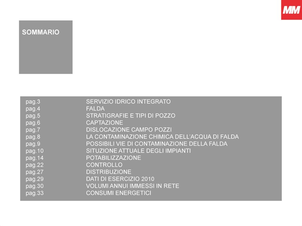 9 POSSIBILI VIE DI CONTAMINAZIONE DELLA FALDA pag.10 SITUZIONE ATTUALE DEGLI IMPIANTI pag.