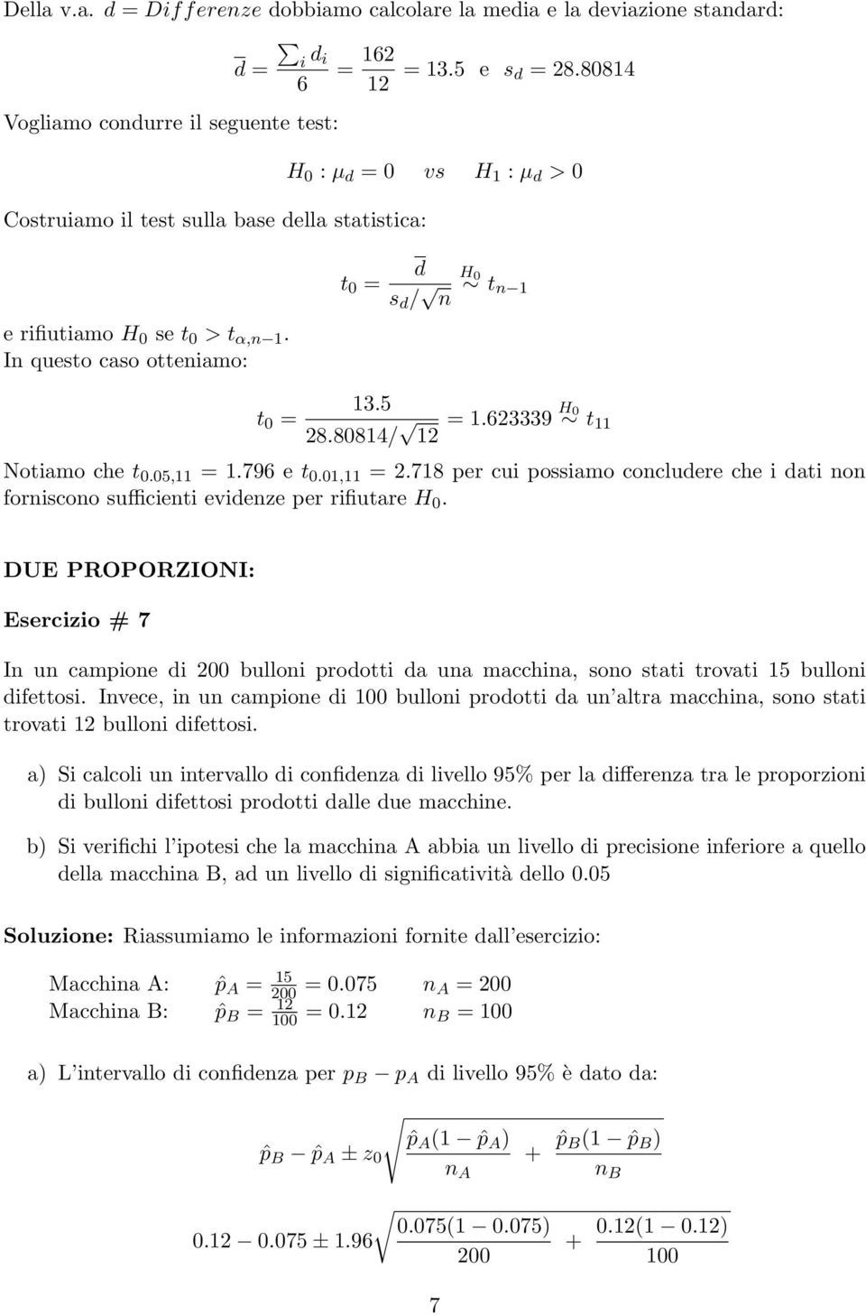 623339 H t Notiamo che t.5, =.796 e t., = 2.78 per cui possiamo concludere che i dati non forniscono sufficienti evidenze per rifiutare H.