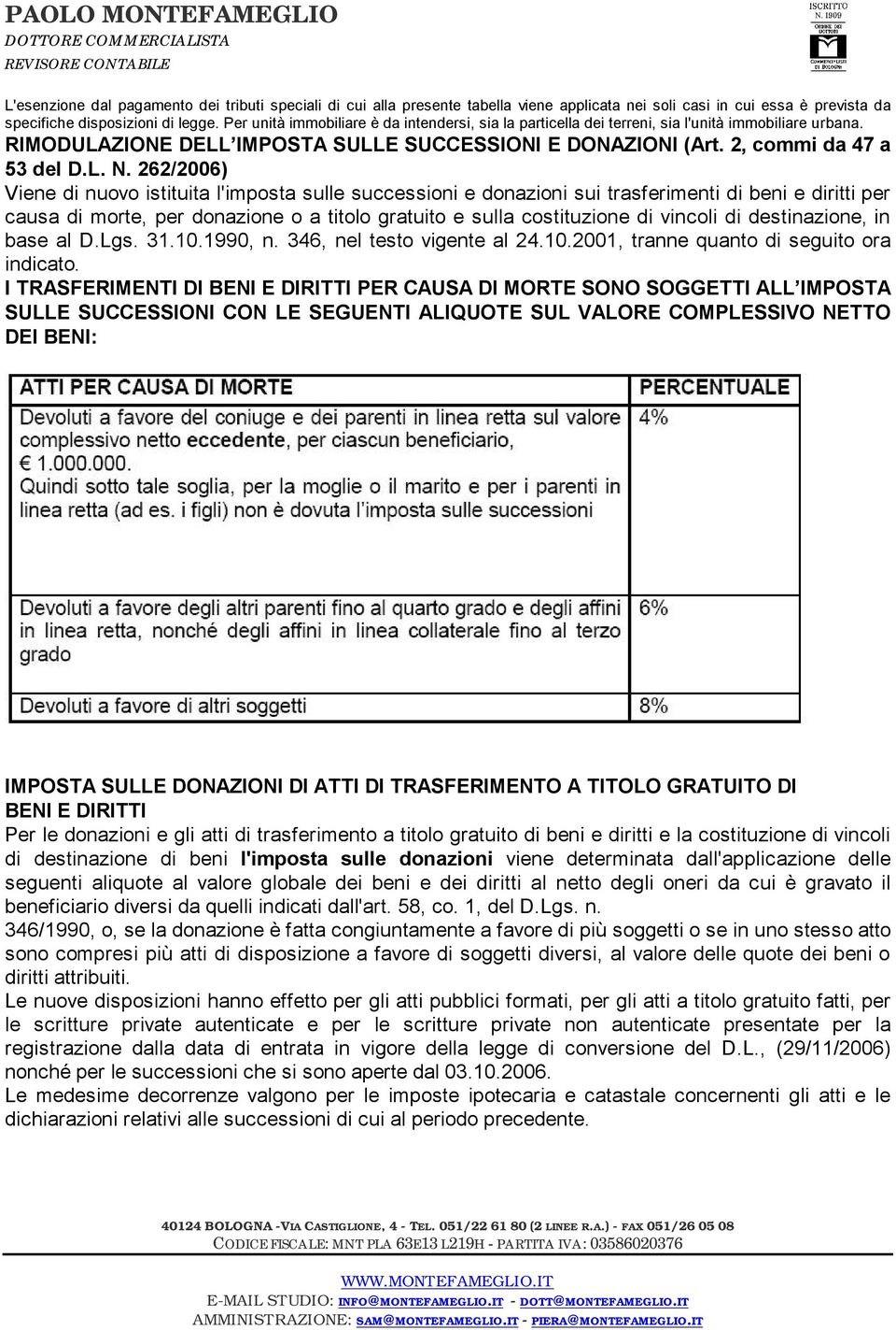 262/2006) Viene di nuovo istituita l'imposta sulle successioni e donazioni sui trasferimenti di beni e diritti per causa di morte, per donazione o a titolo gratuito e sulla costituzione di vincoli di