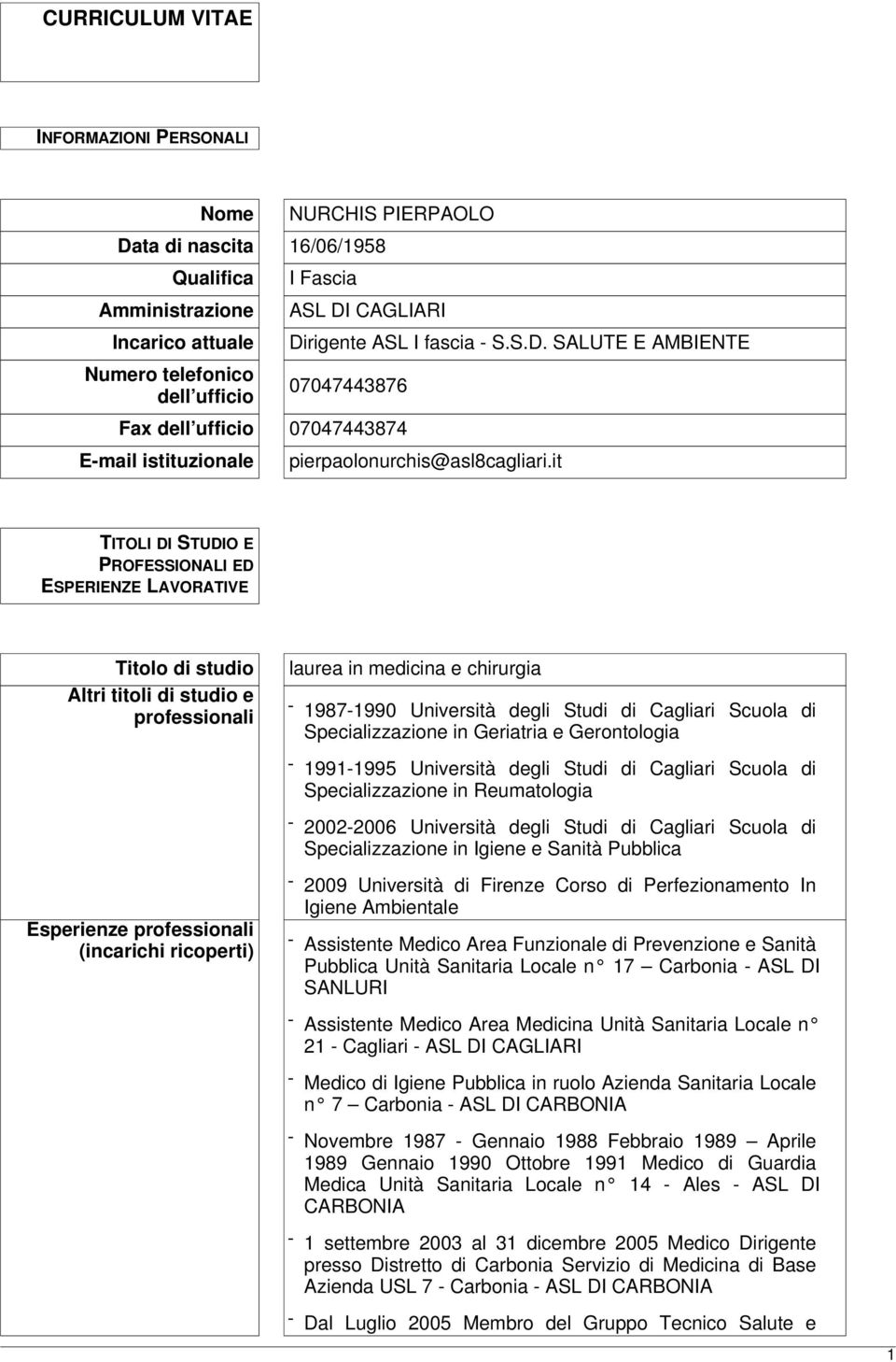 it TITOLI DI STUDIO E PROFESSIONALI ED ESPERIENZE LAVORATIVE Titolo di studio Altri titoli di studio e professionali laurea in medicina e chirurgia - 1987-1990 Università degli Studi di Cagliari