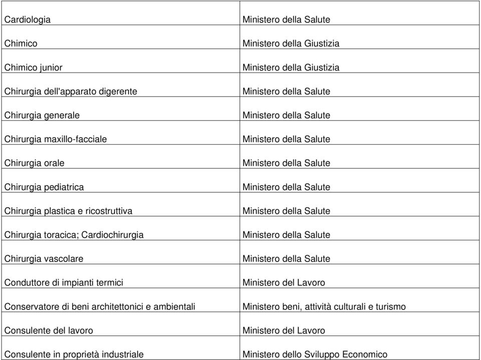 toracica; Cardiochirurgia Chirurgia vascolare Conduttore di impianti termici Conservatore di beni