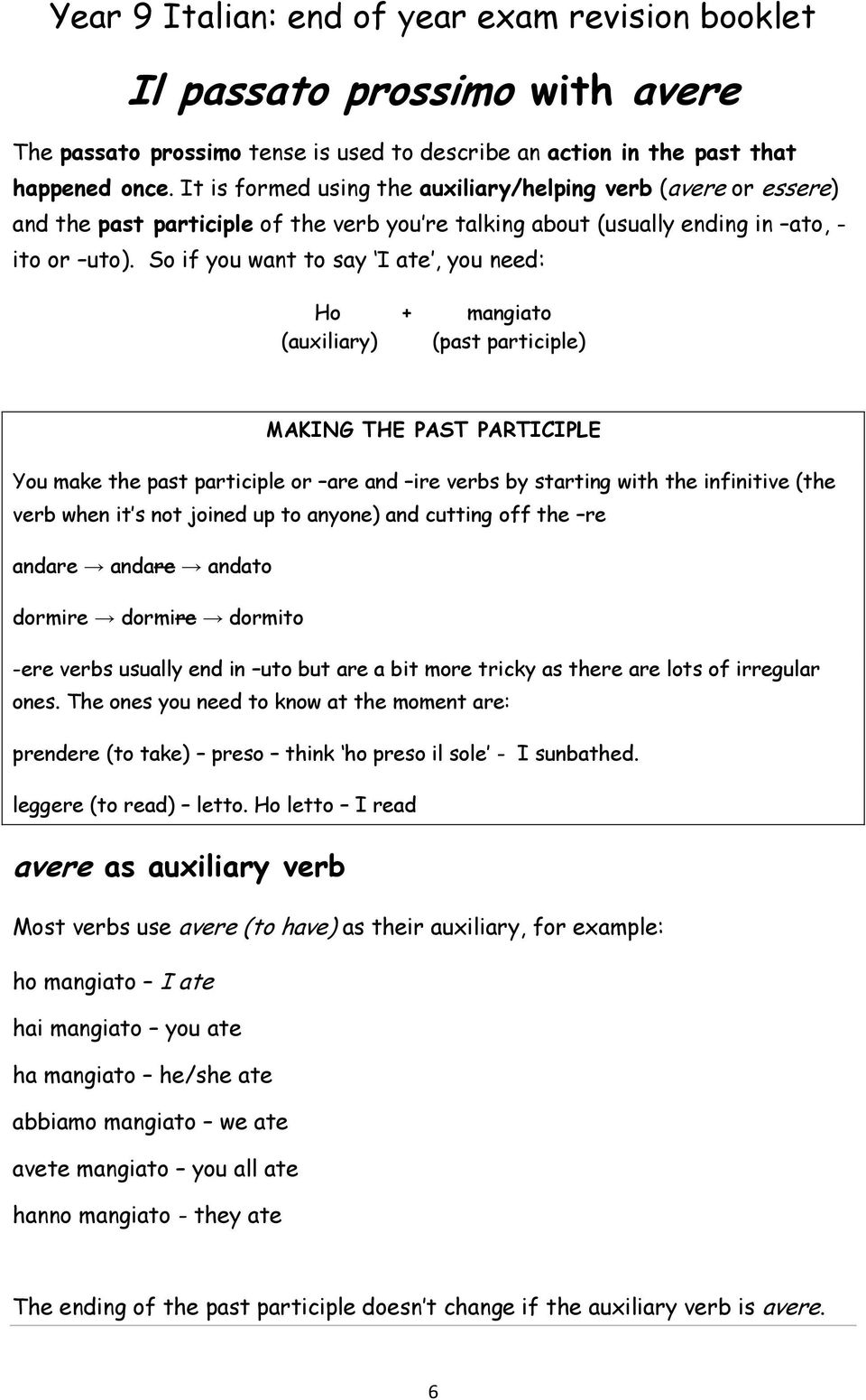 So if you want to say I ate, you need: Ho + mangiato (auxiliary) (past participle) MAKING THE PAST PARTICIPLE You make the past participle or are and ire verbs by starting with the infinitive (the