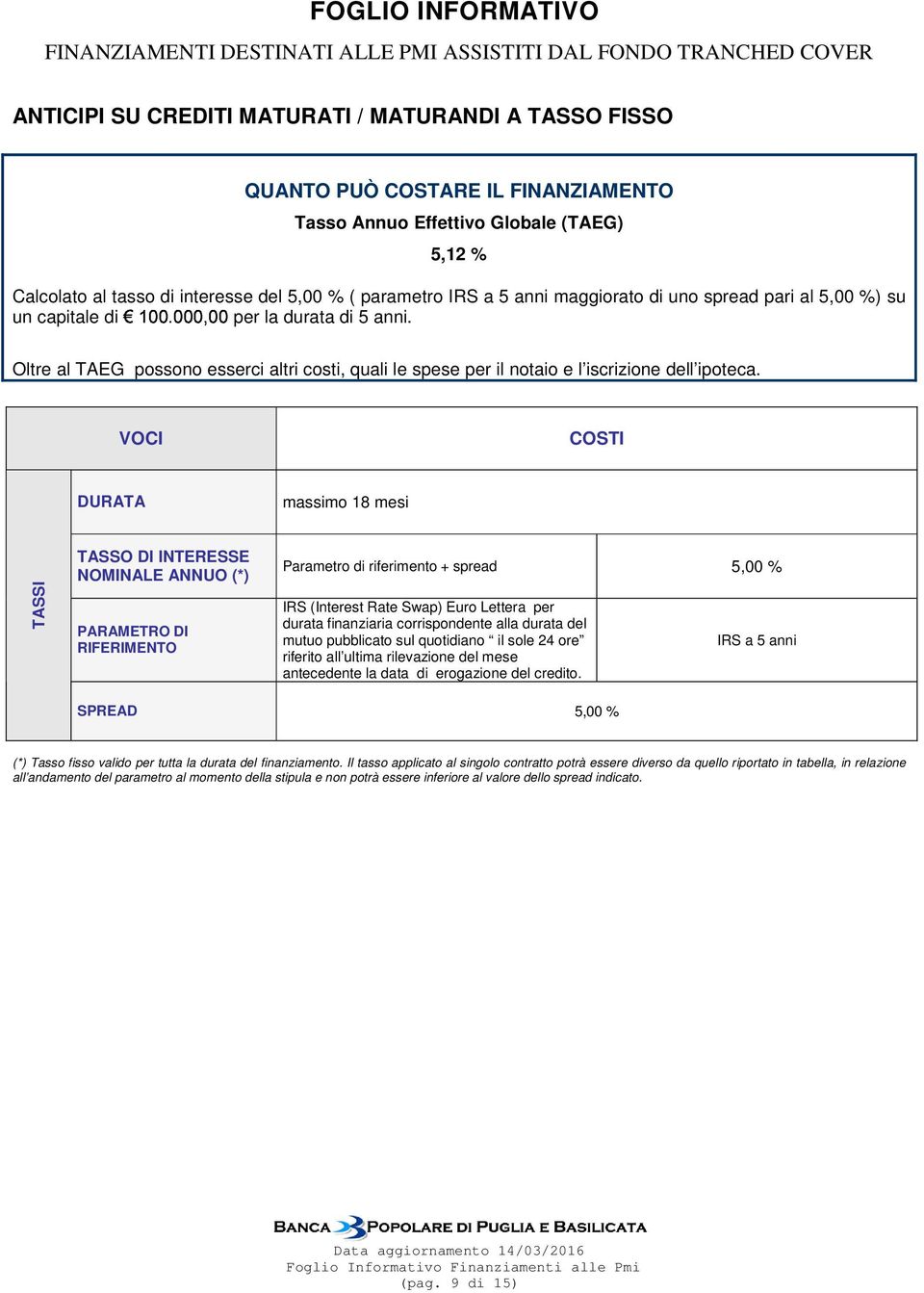 VOCI COSTI massimo 18 mesi TASSI NOMINALE ANNUO (*) RIFERIMENTO Parametro di riferimento + spread 5,00 % IRS (Interest Rate Swap) Euro Lettera per durata finanziaria corrispondente alla durata del