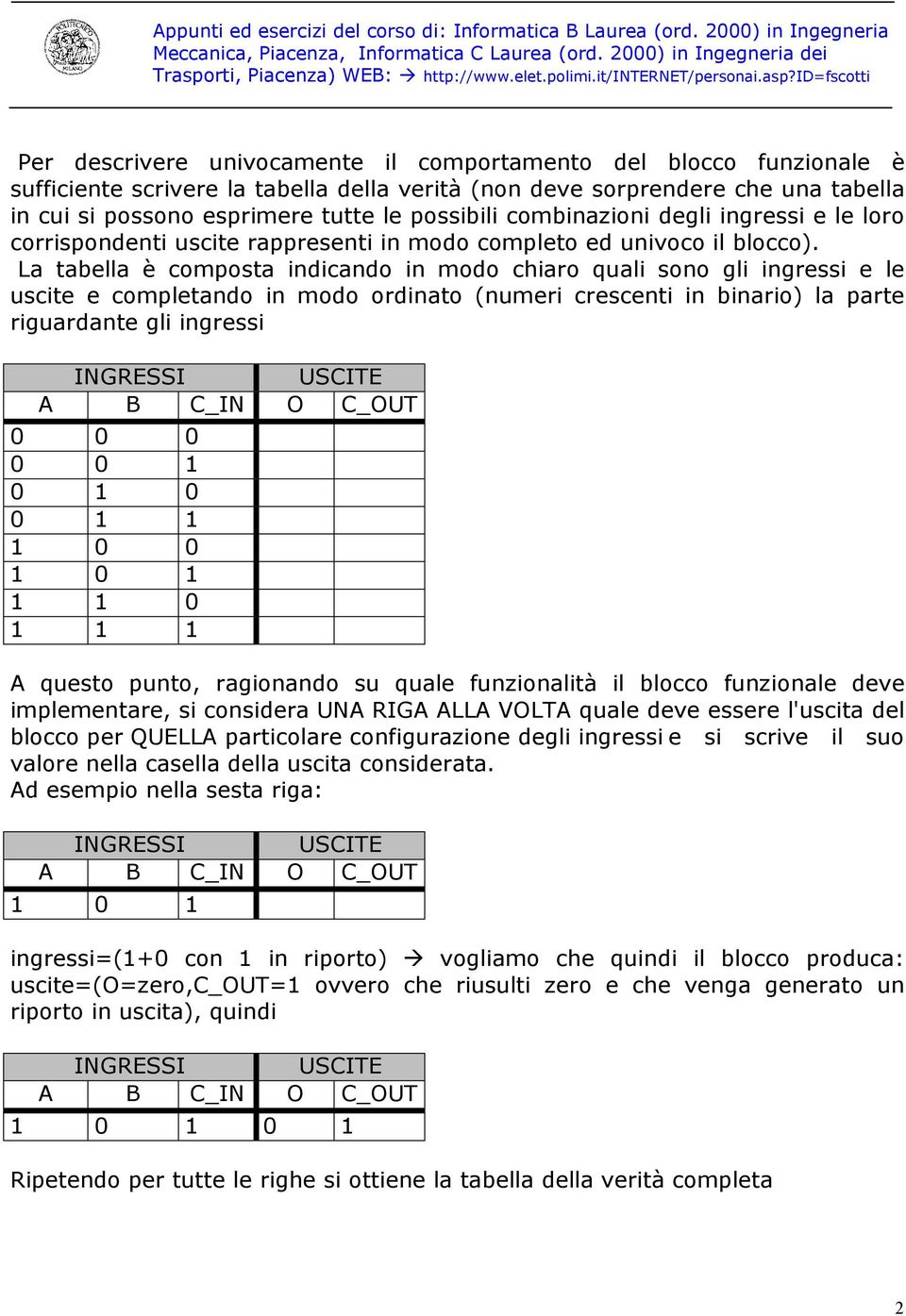 La tabella è composta indicando in modo chiaro quali sono gli ingressi e le uscite e completando in modo ordinato (numeri crescenti in binario) la parte riguardante gli ingressi B O 0 0 0 0 0 1 0 1 0