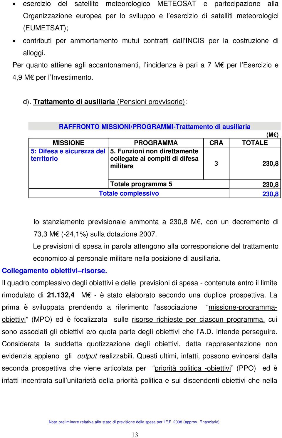 Trattamento di ausiliaria (Pensioni provvisorie): RAFFRONTO MISSIONI/PROGRAMMI-Trattamento di ausiliaria (M ) MISSIONE PROGRAMMA CRA TOTALE 5: Difesa e sicurezza del 5.