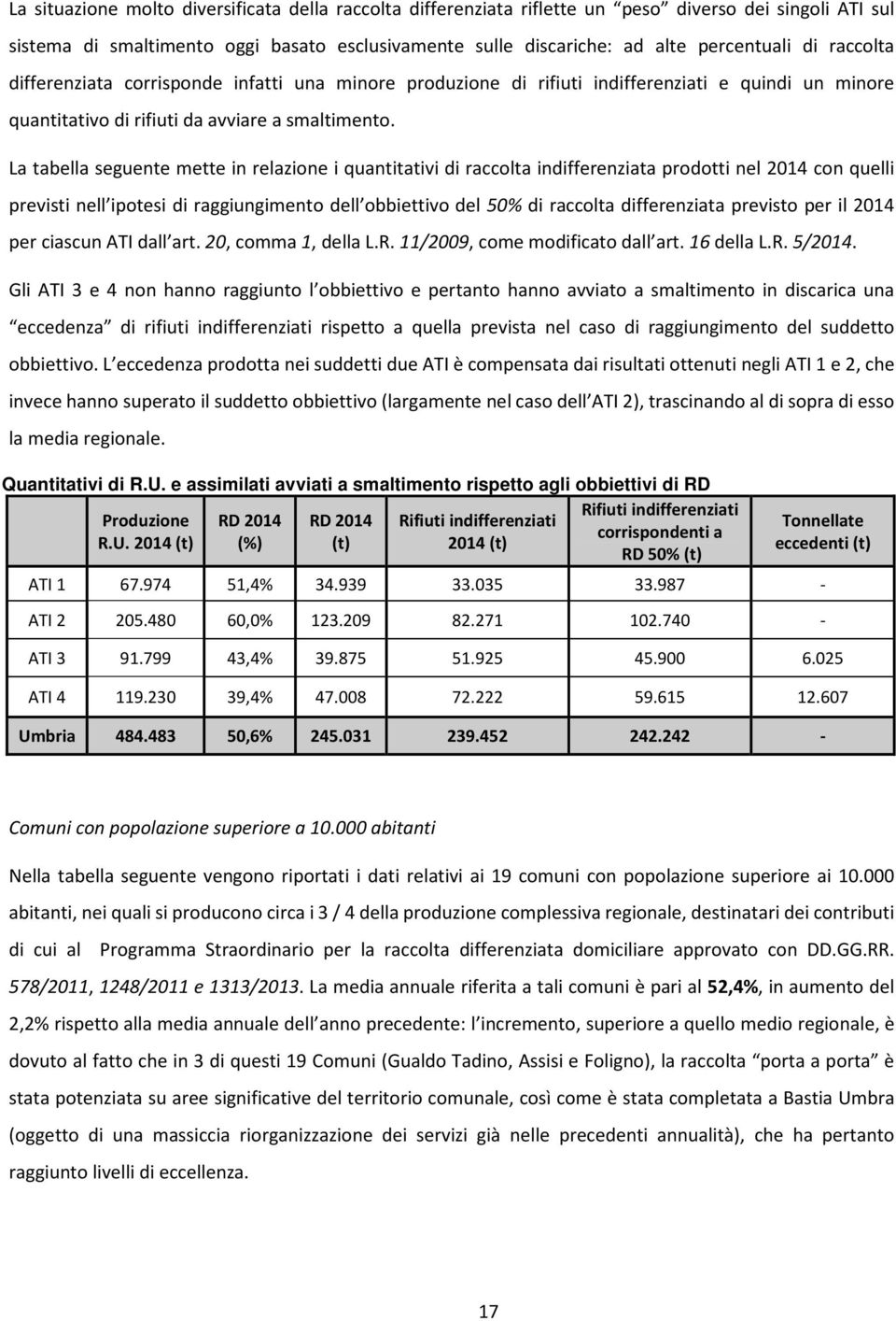 La tabella seguente mette in relazione i quantitativi di raccolta indifferenziata prodotti nel 2014 con quelli previsti nell ipotesi di raggiungimento dell obbiettivo del 50% di raccolta