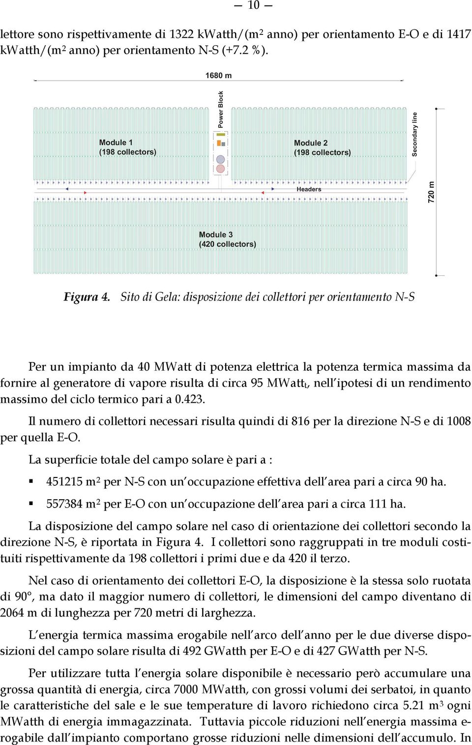 Sito di Gela: disposizione dei collettori per orientamento N-S Per un impianto da 40 MWatt di potenza elettrica la potenza termica massima da fornire al generatore di vapore risulta di circa 95