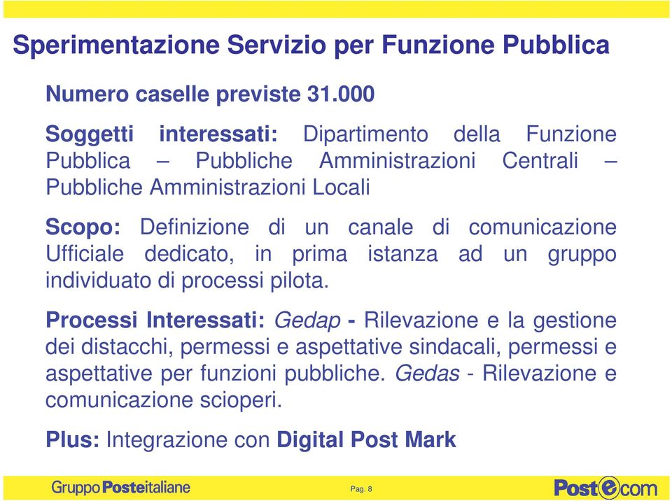 Definizione di un canale di comunicazione Ufficiale dedicato, in prima istanza ad un gruppo individuato di processi pilota.