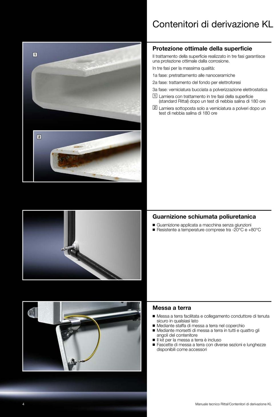 con trattamento in tre fasi della superficie (standard Rittal) dopo un test di nebbia salina di 180 ore Lamiera sottoposta solo a verniciatura a polveri dopo un test di nebbia salina di 180 ore 2