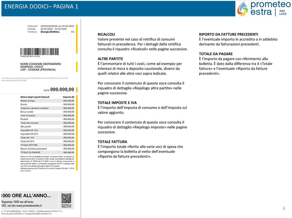 RIPORTO DA FATTURE PRECEDENTI È l eventuale importo in accredito o in addebito derivante da fatturazioni precedenti. TOTALE DA PAGARE È l importo da pagare con riferimento alla bolletta.