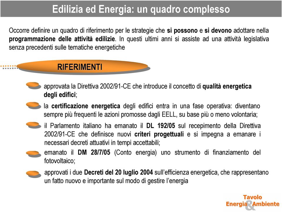 degli edifici; la certificazione energetica degli edifici entra in una fase operativa: diventano sempre più frequenti le azioni promosse dagli EELL, su base più o meno volontaria; il Parlamento