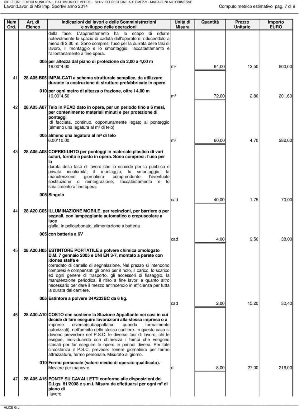 Sono compresi l'uso per la durrata delle fasi di lavoro, il montaggio e lo smontaggio, l'accatastamento e l'allontanamento a fine opera. 005 per altezza dal piano di protezione da 2,00 a 4,00 m 16.