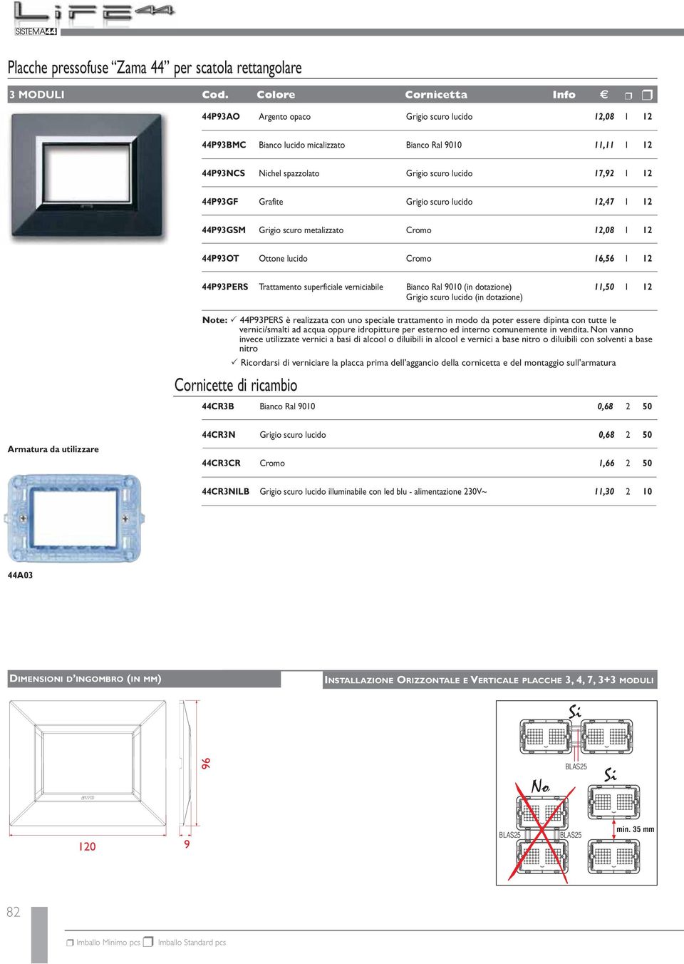 44P93GF Grafite Grigio scuro lucido 12,47 1 12 44P93GSM Grigio scuro metalizzato Cromo 12,08 1 12 44P93OT Ottone lucido Cromo 16,56 1 12 44P93PERS Trattamento superficiale verniciabile Bianco Ral