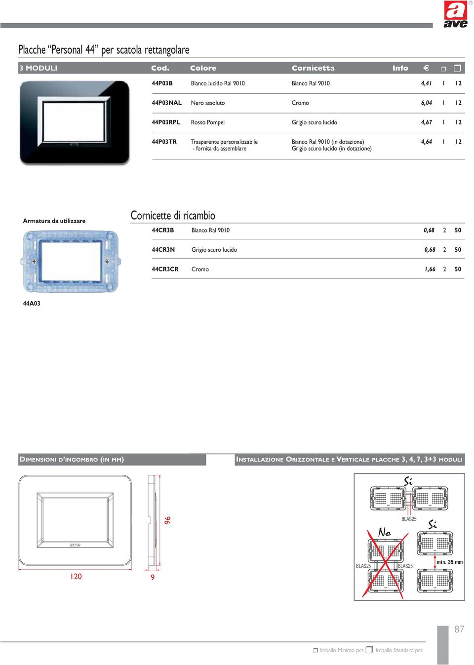 Grigio scuro lucido 4,67 1 12 44P03TR Trasparente personalizzabile Bianco Ral 9010 (in dotazione) 4,64 1 12 - fornita da assemblare Grigio scuro