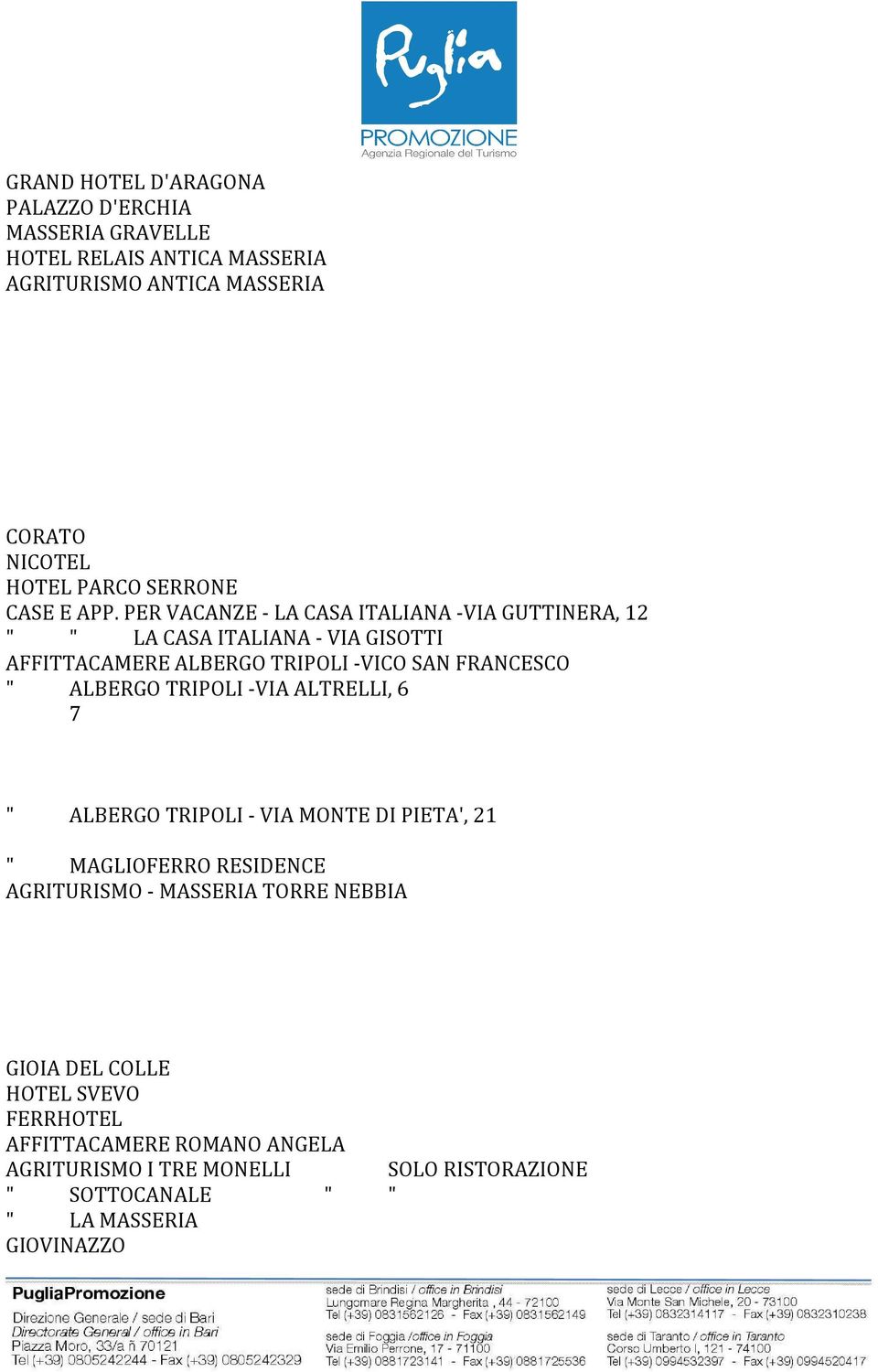 PER VACANZE - LA CASA ITALIANA -VIA GUTTINERA, 12 " " LA CASA ITALIANA - VIA GISOTTI AFFITTACAMERE ALBERGO TRIPOLI -VICO SAN FRANCESCO " ALBERGO