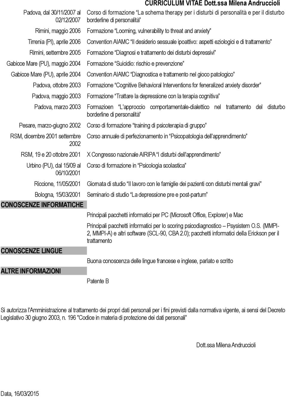 CONOSCENZE INFORMATICHE CONOSCENZE LINGUE ALTRE INFORMAZIONI Corso di formazione La schema therapy per i disturbi di personalità e per il disturbo borderline di personalità Formazione Looming,