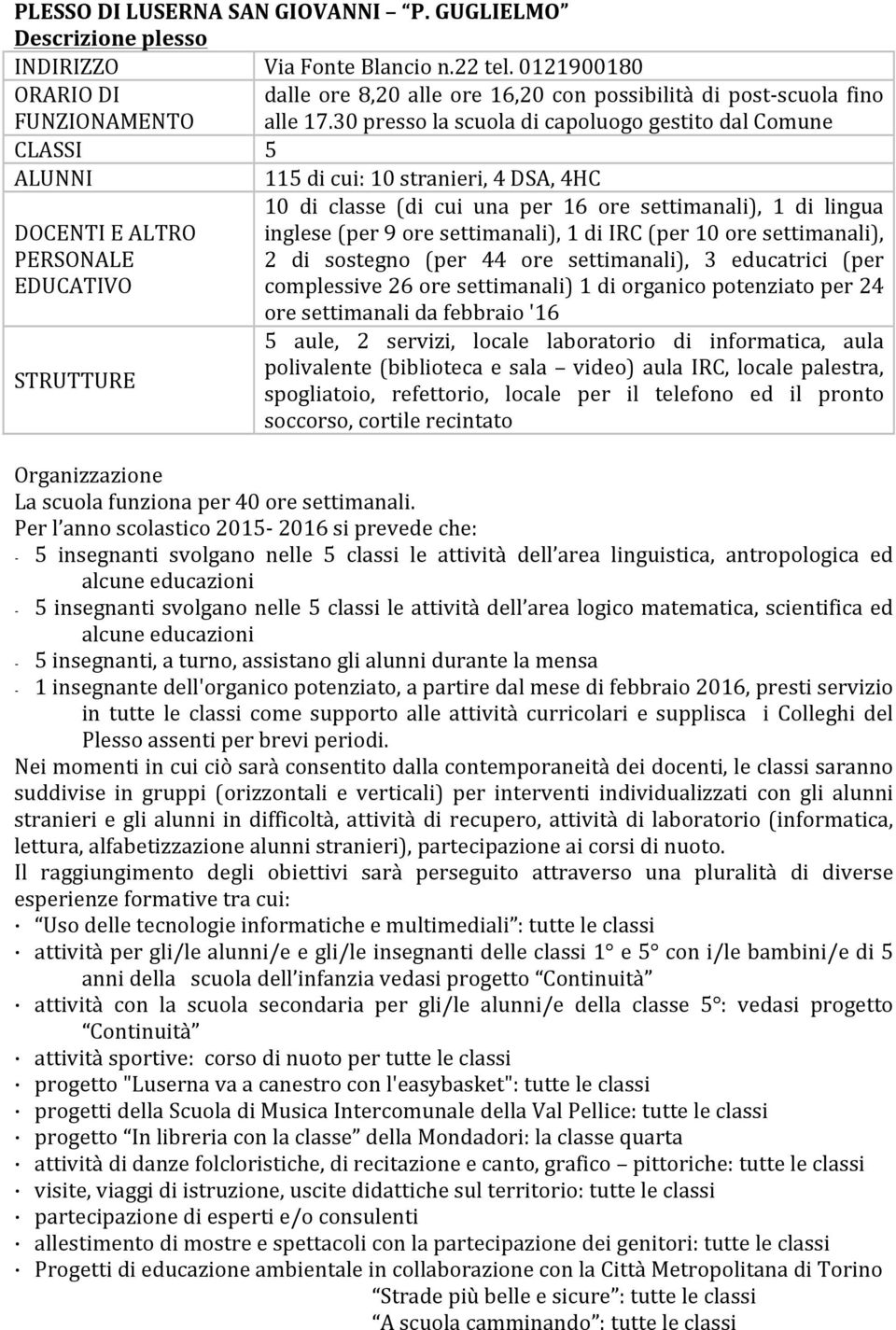 ore settimanali), 1 di IRC (per 10 ore settimanali), PERSONALE 2 di sostegno (per 44 ore settimanali), 3 educatrici (per EDUCATIVO complessive 26 ore settimanali) 1 di organico potenziato per 24 ore