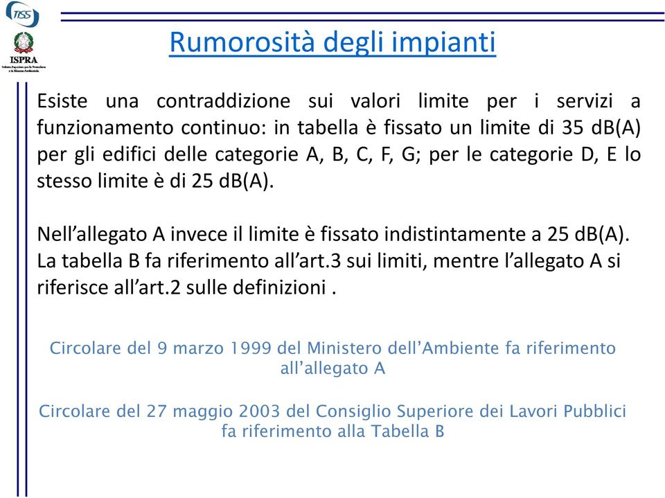 Nell allegato A invece il limite è fissato indistintamente a 25 db(a). La tabella B fa riferimento all art.